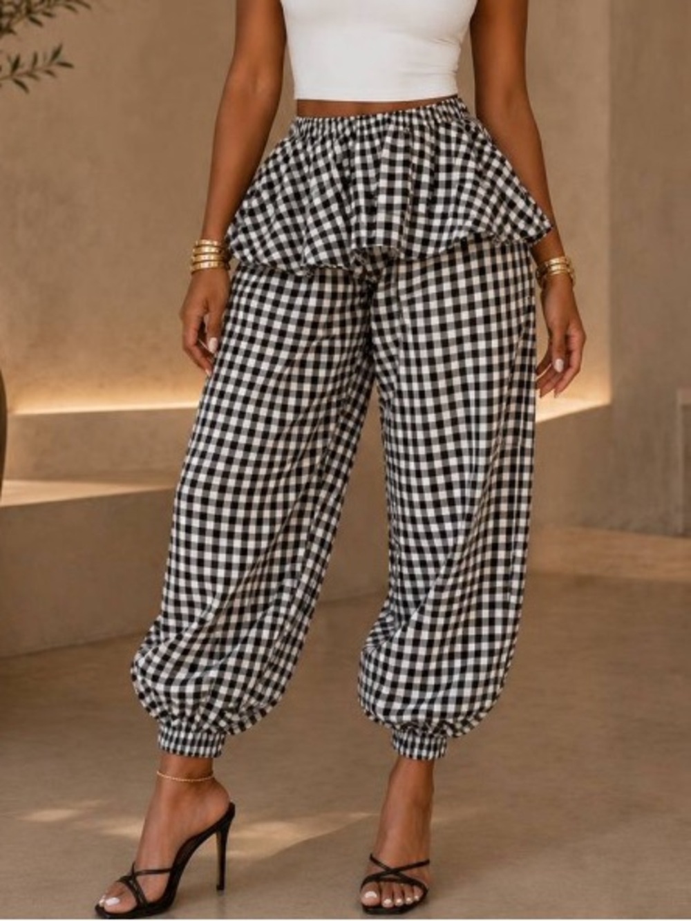 Black & White Gingham Wide-Leg Peplum Pants